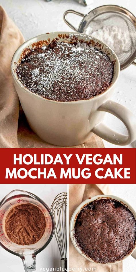 Vegan individual single serve microwave Christmas mocha mug cake dessert, snack, and sweet treat. Vegan Recipes For Thanksgiving, Vegan Mug Cake, Microwave Mug Cake, Vegan Mug Cakes, Favorite Holiday Desserts, Microwave Mug, Mug Cake Microwave, Cake From Scratch, Recipes For Thanksgiving