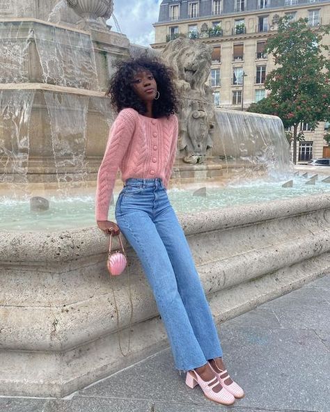 Emmanuelle Koffi on Instagram: “All pink everything 💗🌸” Red Mary Jane Outfit Ideas, Pink Mary Janes Outfit, Mary Janes Outfit Ideas, Mary Jane Heels Outfit, Brunch Outfit Autumn, Fall Fashion Staples, Jeans Heels Outfit, Cute Sweater Outfits, Cottagecore Outfit