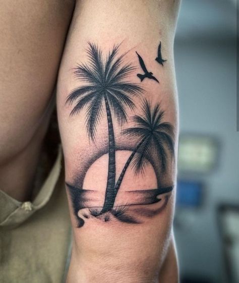 Beach Tattoo Ideas, Beachy Tattoos, Hawaii Tattoos, Palm Tattoos, Tattoos For Women Half Sleeve, Sand And Sea, Beach Tattoo, Pretty Tattoos For Women, Tatuaje A Color