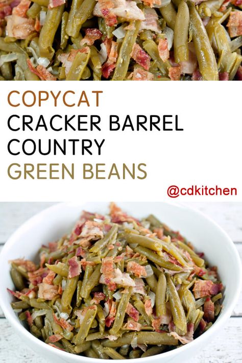 You won't believe how easy it is to copy this popular side dish from Cracker Barrel at home. The recipe is made with bacon, green beans, onion, and seasonings. | CDKitchen.com Southern Fresh Green Beans Recipe, Green Beans Onions And Bacon, Southern Greenbeans Bacon, Cracker Barrel Sides, Seasoned Green Beans Canned, How To Cook Fresh Green Beans With Bacon, Cheddars Restaurant Green Beans Recipe, Best Can Green Bean Recipe, Bojangles Green Beans Recipe