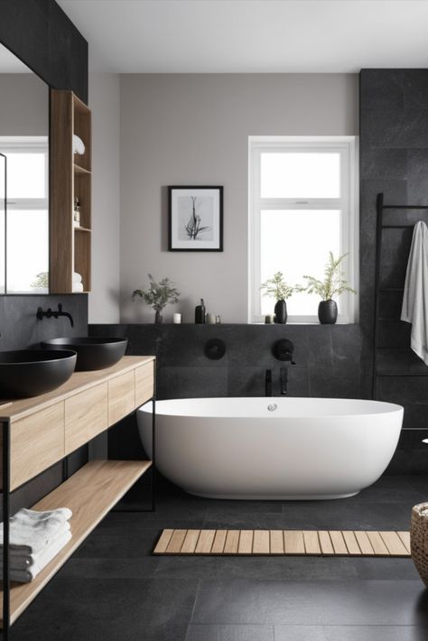 Embrace Scandinavian sophistication with this stunning combination of smoked oak and black granite. Clean lines meet natural texture. #NordicDesign #ScandinavianStyle #BathroomInspo Black Stone Bathroom, Dark Floor Bathroom, Scandinavian Bathroom Design, Organic Modern Bathroom, Japandi Bathroom, Nordic Noir, Masculine Bathroom, Bathroom Grey, Neutral Black Bathroom