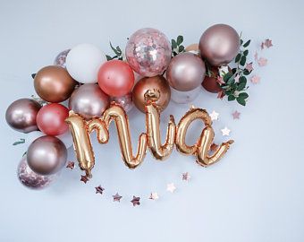 Balloons arch | Etsy UK Tape Balloon, Chrome Balloons, Name Balloons, Letters Diy, Rose Gold Party Decor, Script Letters, Rose Gold Chrome, Graduation Party Themes, Gold Confetti Balloons