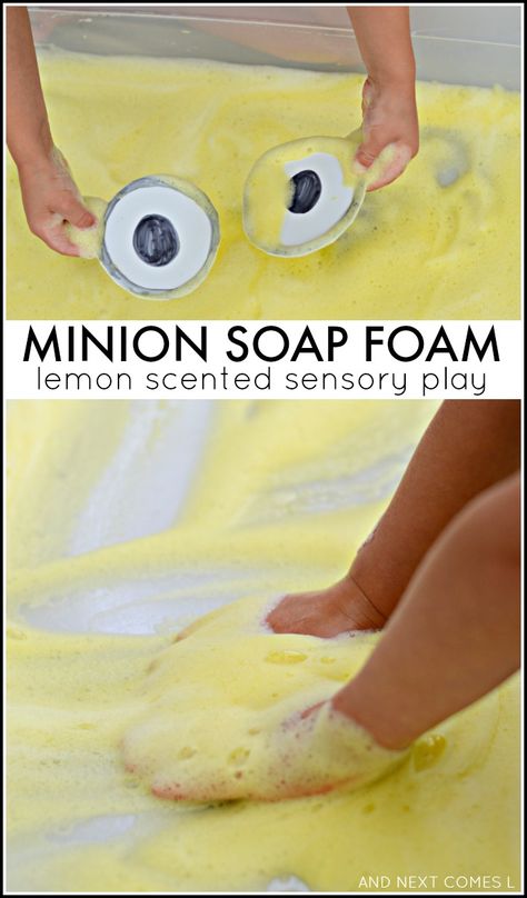 Minion inspired soap foam: lemon scented sensory play for kids from And Next Comes L Disney Messy Play, Lemon Sensory Play, Sensory Buckets, Foam Sensory Play, Minion Classroom, Sensory Play Toddlers, Soap Foam, Sensory Tubs, Minion Theme