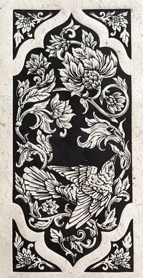 Wood Burned Table Top, Woodblock Print Black And White, Printmaking Tattoo, Black Pattern Tattoo, Woodblock Tattoo, Floral Linework, Fiori Art Deco, Woodcut Printing, Geniale Tattoos