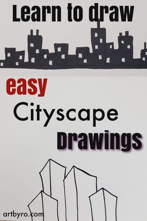 Lear to draw cityscapes and skylines. Easy step by step art tutorial with pictures. Perfect for Beginners. Learn art in your style. Watercolor Paintings Cityscapes, Buildings At Night Drawing, How To Draw City Background, How To Draw A City, Drawing Buildings Sketch Easy, How To Draw Buildings, City Drawing Easy, City Scape Drawing, Drawing Cityscapes