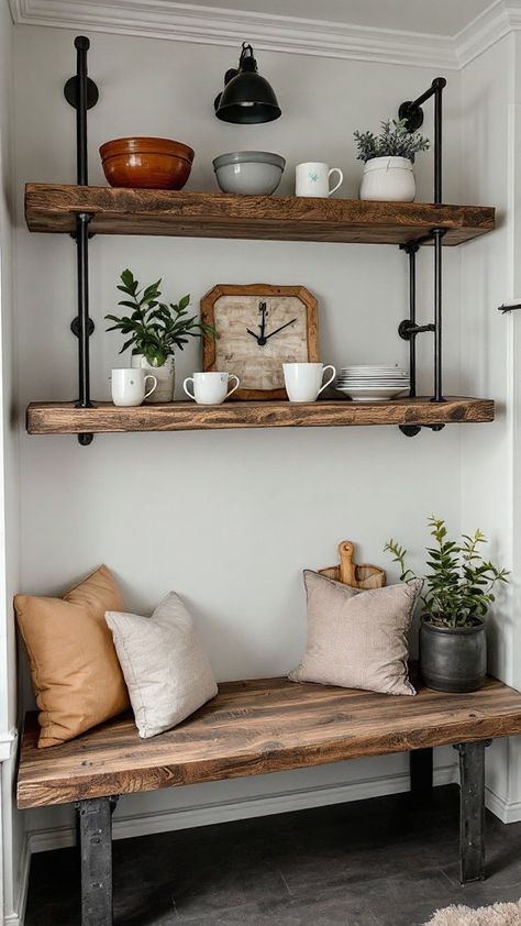 Transform small kitchen spaces with modern industrial shelving 🌿 Stylish storage for a streamlined look. Kitchen Shelving Ideas, Small Kitchen Spaces, Industrial Kitchen Shelves, Kitchen Open Shelves, Traditional Kitchen Cabinets, Kitchen Shelving, Industrial Style Kitchen, Shelving Ideas, Shelving Solutions