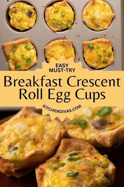 Collage of overhead shot of crescent roll egg cups at top and closeup shot of crescent roll breakfast egg cups at bottom. Egg And Cheese Cups, Crescent Roll Cups, Breakfast Crescent, Crescent Roll Breakfast, Easy Egg Breakfast, Recipes Using Crescent Rolls, Easy Crescent Rolls, Crescent Breakfast, Crescent Roll Breakfast Recipes