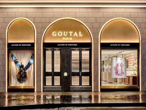 Store Entrance, Retail Facade, Shop Facade, Paris Store, Storefront Design, Facade Lighting, French Perfume, Retail Concepts, Gold Shop