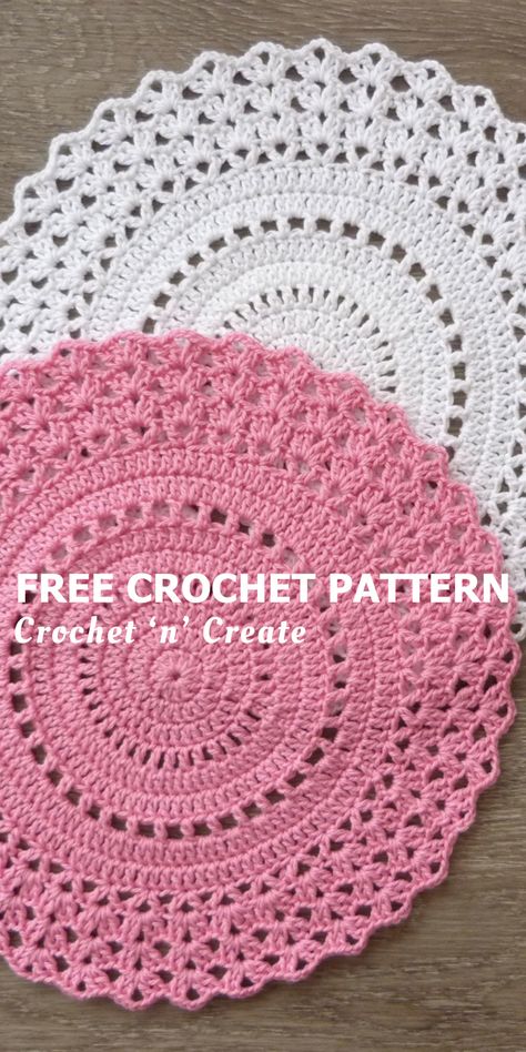 Free crochet pattern - Astra Doily from crochet 'n' create. Free fast, quick-easy-beginner-friendly! 'Don't forget to save' Crocheted Rugs Patterns Free Easy, Crochet Circle Doily, Crochet Thread Patterns Free Easy, Simple Doily Crochet Free Pattern, Crochet Plate Mat Free Pattern, Crochet Circle Pattern Tutorials, Crocheted Doily Patterns Free, Crochet Placemats Free Pattern Easy Place Mats, Crocheted Placemats Free Patterns