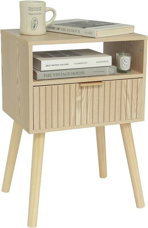 Amazon.com: MaxSmeo Small Nightstand Wood Bedside Table with Drawer, Modern End Table for Bedroom and Small Spaces, Solid Wood Legs, Easy Assembly, Natural : Home & Kitchen Mid Century Modern Bedside Table, Bedside Table With Drawer, Nightstand Design, Nightstand Wood, Table For Bedroom, Mid Century Modern Nightstand, Small Nightstand, Modern End Table, Black Nightstand