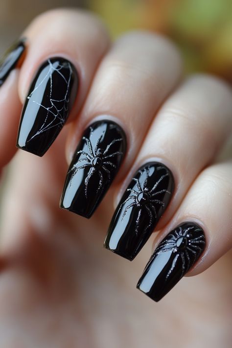 Discover an array of creative Halloween nail designs to elevate your style this festive season. Whether you prefer acrylic or natural nails, there's a perfect design waiting for you. Even shorter nails can sport chic black cat silhouettes or delicate spider webs for a touch of spookiness. If you're feeling bold, go for almond-shaped nails embellished with intricate patterns such as eerie haunted houses or ghostly figures. Goth Nails Gel, Black Spider Nail Design, Spooky Nail Designs Almond, Web Nails Design, Spooky Season Nails Short Almond, Spooky Cat Eye Nails, Black Almond Nails Halloween, Halloween Black Nails Design, Halloween Nails Unique