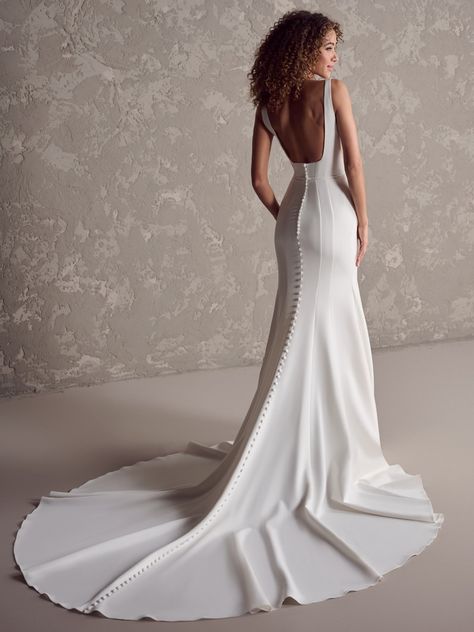 Maui is a simple crepe wedding dress with an elegant deep square back with a stunning train. Shop Sottero & Midgley dresses today! #simpleweddingdress #crepebridaldress #mermaidweddinggown Sottero And Midgley Wedding Dresses, Sottero And Midgley, Crepe Wedding Dress, Ivory Gown, Maggie Sottero Wedding Dresses, Napa Wedding, Designer Wedding Gowns, Maggie Sottero, Bride Look