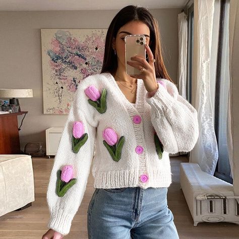 Pola Kardigan, Pola Sweater, Tulip Embroidery, Embroidery Cardigan, Flower Sweater, Embroidery Sweater, Floral Cardigan, Crochet Cardigan Pattern, Cardigan Outfits