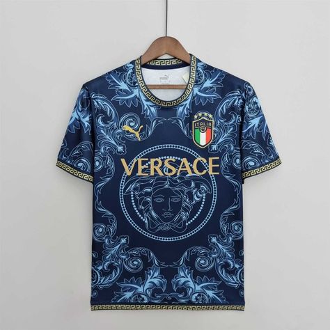 Italy Home, Versace Blue, Versace Logo, Blue Football, Soccer Shirts, Football Kits, Sports Logo, Football Jerseys, Soccer Jersey