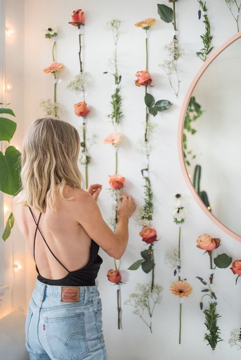 How to Make a DIY Flower Wall — DELANEY BEDROSIAN Flower Wall Decor Diy, Wall Bedroom Diy, Diy Flower Wall, Selfie Wall, Flower Bedroom, Deco Studio, Flower Room, Dekorasi Kamar Tidur, Wall Backdrops