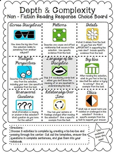 Depth And Complexity, Choice Board, Choice Boards, 5th Grade Reading, Middle School Reading, Nonfiction Reading, 4th Grade Reading, Teaching Language Arts, 3rd Grade Reading