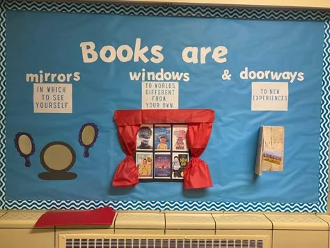 Books Are Windows And Mirrors Bulletin Board, Librarian Glasses, Library Entrance, School Library Book Displays, School Library Bulletin Boards, Elementary Librarian, School Library Decor, School Icebreakers, Middle School Classroom Decor