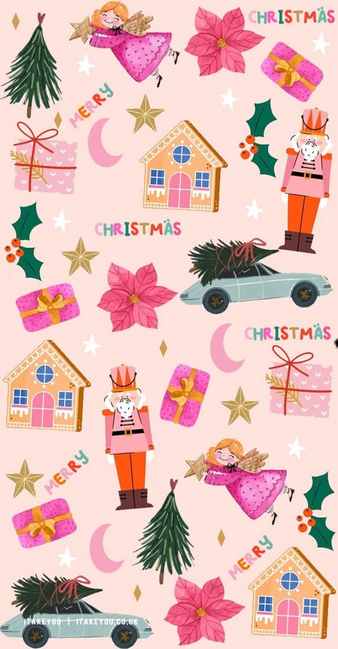 Pink Christmas Collage Wallpaper, Christmas Scene Illustration, Christmas Party Wallpaper, Girly Christmas Wallpaper, Colorful Christmas Wallpaper, Aesthetic Holiday Wallpaper, Christmas Wallpaper Preppy, Preppy Christmas Wallpaper, Pink Christmas Iphone Wallpaper