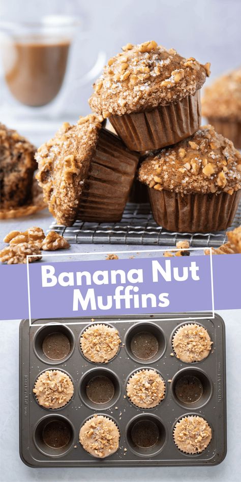 My banana muffin recipe is loved by thousands of families! Add in your favorite nut for a banana nut muffin that will make you the star of the weekend! Be sure to read all my pro tips and you’ll be amazed at the results! Banana Nut Muffins Recipe, Easy Banana Nut Muffins, Nut Muffins Recipe, Lunch Work, Banana Loaf, Nut Muffins, Banana Muffin, Bakery Style Muffins, Banana Dessert Recipes