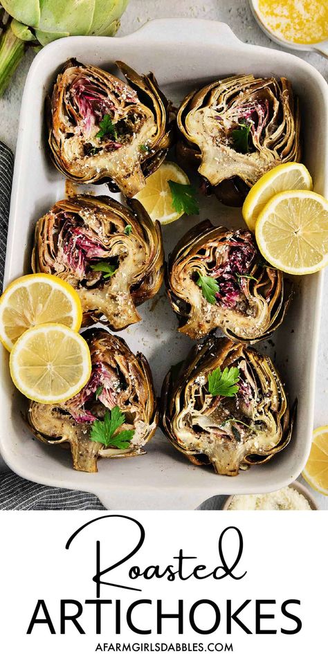 This easy Roasted Artichoke recipe features fresh artichokes roasted in a rich butter sauce that’s flavored with garlic, lemon, and herbs. It's perfect as a side dish or appetizer! Fresh Artichoke Recipes, Fresh Artichoke, Artichoke Recipe, How To Cook Artichoke, Baked Artichoke, Roasted Artichoke, Spring Dishes, Roasted Vegetable Recipes, Low Carb Vegetarian Recipes