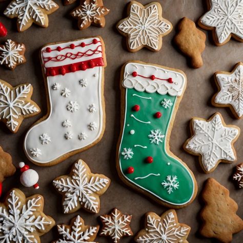 Enjoy the season with this festive Christmas stocking cookie, decorated in colorful and cheerful designs. It adds a joyful and playful element to your holiday celebrations. Stocking Cookies Decorated, Cookie Designs Ideas, Christmas Cookie Designs, Stocking Cookies, Christmas Stocking Cookies, Cutout Cookie, Cookie Decoration, Christmas Cookies Decorated, Cookies Decorated