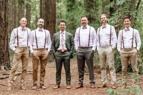 Brown Suit With Suspenders, Khaki Suit Wedding, Casual Groomsmen Attire, Khaki Wedding, Casual Groomsmen, California Sign, Green Wedding Suit, Groomsmen Suspenders, Brown Suspenders