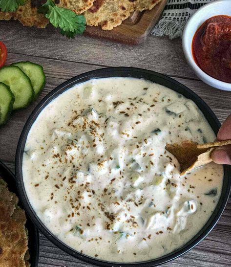 Cucumber Raita Recipe (Indian Yogurt Sauce) Cucumber Raita Recipe Indian, Indian Yogurt Dip, Indian Yogurt Sauce, Raita Recipe Indian, Recipe With Cucumber, Easy Raita Recipe, Cucumber Raita Recipe, Indian Yogurt, Raita Recipe