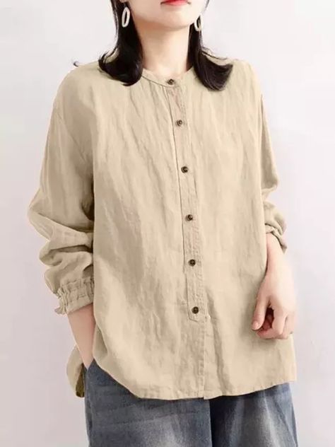 Vintage Beige Linen Blouse, Vintage Long Sleeve Linen Blouse, Neutral Linen Button-up Blouse, Vintage Linen Shirt With Button Closure, Linen Blouse Outfit, Linen Blouse With Rolled Sleeves And Button-up Shape, Blouses Vintage, Pleats Pattern, India And Pakistan