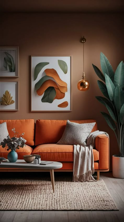 Orange And Wood Living Room, Living Room Designs Boho Modern, Orange Couch Living Room Decor, Living Room Orange Couch, Colorful Couch Living Room, Orange Boho Living Room, Living Room With Orange Couch, Air Bnb Ideas Decor Living Room, Rust Couch Living Room Ideas