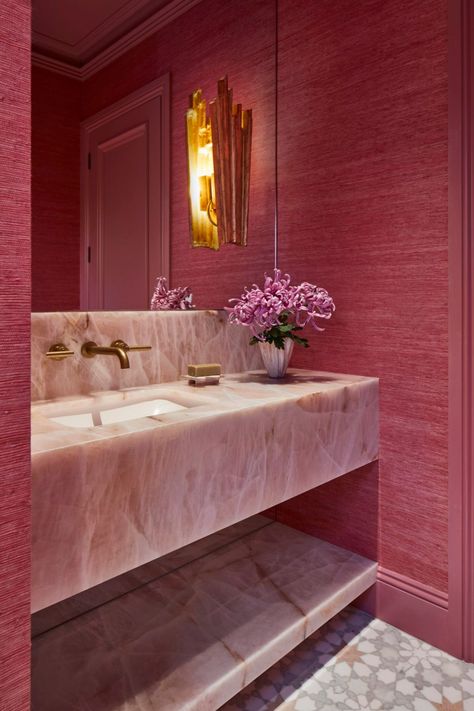 4 Powder Rooms that Prove Colour is Key to Timeless Style | Home Beautiful Pink Quartzite, Modern Powder Room, Sculptural Vase, Wavy Edges, Powder Room Design, Powder Bath, Pink Bathroom, Marble Bathroom, Dream House Interior