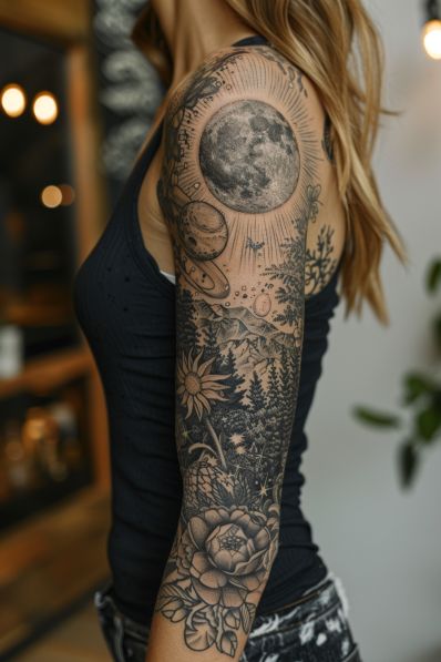 Half Sleeve Upper Arm Tattoos For Women, Women Moon Tattoo, Woman With Sleeve Tattoo Classy, Non Floral Sleeve Tattoos For Women, Floral Tattoo Sleeves For Women, Women Sleeves Design Tattoo, Feminine Energy Tattoo Sleeves, Peony Arm Tattoo Half Sleeves, Whimsical Sleeve Tattoo