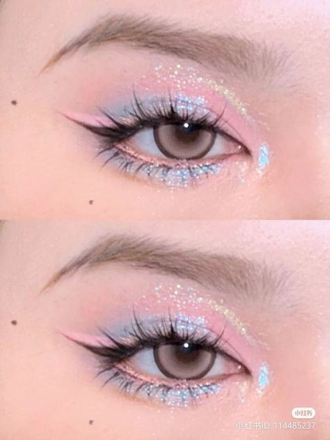 Big Eyelid Makeup, Pink Blue Eyeshadow Looks, Pink And Blue Makeup Ideas, Colourful Douyin Makeup, Pink Blue Eyeshadow, Blue And Pink Eyeshadow Looks, Pink And Blue Eyeshadow Looks, Pink And Blue Makeup Looks, Kawaii Eyeshadow