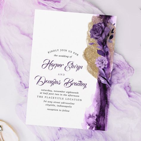 Purple Gold Wedding Invitations, Purple Theme Wedding Invitations, Black Gold And Lavender Wedding, Purple And Gold Wedding Invitations, Purple And Gold Wedding Dress, Gold And Purple Wedding Theme, Light Purple And Gold Wedding, Purple And Gold Wedding Decorations, Purple Gold And White Wedding