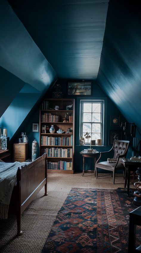 attic bedroom dark Dark Blue Attic Bedroom, Dark Green Attic Room, Attic Master Suite Ideas, Moody Attic Office, Painted Attic Ceiling, Dark Green Attic Bedroom, Dark Academia Attic, Attic Bedroom Angled Ceilings, Bedroom Roof Design