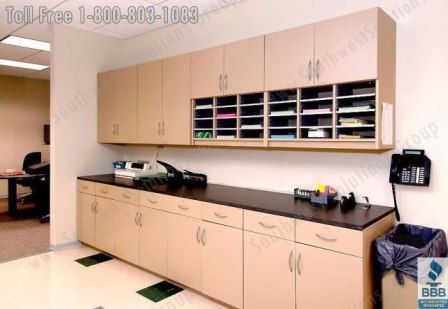 Work room - Like top and bottom cabinets. Also like that bottom has drawers & cabinets Office Copy Room Design, Copy Room Design, Office Copy Room, Mail Room Design, Printing Station, Mail Station, Law Office Design, Cubicle Makeover, Mail Center