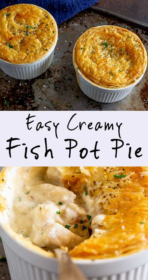 Creamy Fish Pie is the comfort food of my childhood, so this take on the British classic is something I love to make for the whole family. These easy Fish Pot Pies are packed full of tender fish and a rich creamy sauce, then topped with a pastry disk and baked to golden perfection. They can be made in advance or frozen ready for dinner next week. Easy to make these Fish Pot Pies will be your new favorite comfort food. Seafood Snacks, Creamy Fish Pie, Seafood Pot Pie, Creamy Fish, Hp Sauce, Salmon And Shrimp, Pot Pie Recipe, Cheesy Mashed Potatoes, Fish Pie