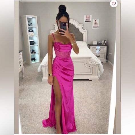 Pink Fitted Prom Dress, Fuschia Prom Dress, Prom Pink Dress, Pink Dress Elegant, Prom Dresses Pink, Prom Dress Inspo, Corset Gown, Mesh Corset, Classy Prom Dresses