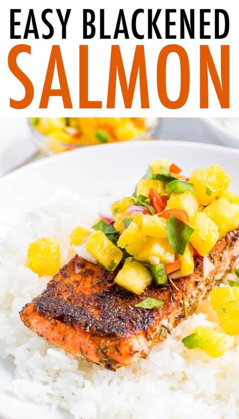 Need a quick and easy salmon recipe? You'll love this flavorful blackened salmon that comes together in less than 20 minutes. #20minuterecipe #blackenedsalmon #pineapplesalsa #eatingbirdfood #healthysalmon Easy Salmon Seasoning, Salmon Blackened, Fall Salmon, Salsa Rice, Easy Salmon Recipe, Blackened Salmon, Blackened Seasoning, Soy Free Recipes, Easy Salmon Recipes