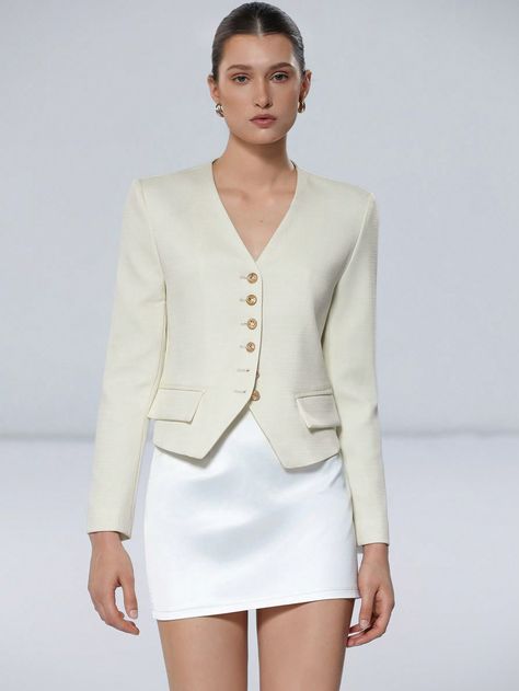 Elegant Minimalist Design V-Neck Button Pocket Long Sleeve Women Office/Casual Blazer Beige Elegant  Long Sleeve Woven Fabric Plain Regular Non-Stretch Spring/Fall Women Clothing, size features are:Bust: ,Length: ,Sleeve Length: Lightweight Blazer, Blazer Beige, Women Office, Casual Blazer, Office Casual, Design Minimalista, Suits For Women, Women Long Sleeve, Minimalist Design