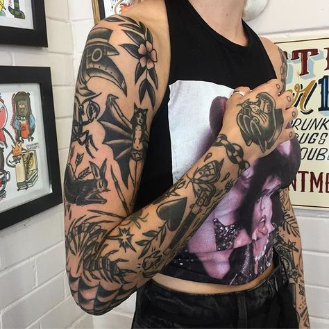 Traditional Tattoo Arm, Patchwork Tattoos, Traditional Black Tattoo, Traditional Tattoo Inspiration, Traditional Tattoo Sleeve, Tattoo Arm, Sleeve Tattoos For Women, Tattoo Sleeve Designs, Traditional Tattoos