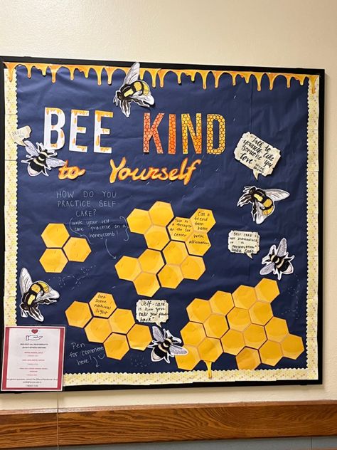 Fun bulletin board for dorm Health Bulletin Board Ideas, Mental Health Bulletin Board Ideas, Mental Health Bulletin Board, Bee Bulletin Boards, Res Life Bulletin Boards, Health Bulletin Boards, Class Bulletin Boards, Bee Craft, 2023 School