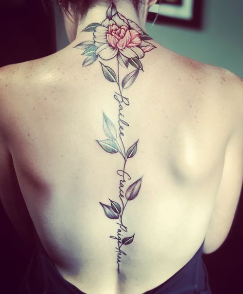 Tattoo With Names, Flower Spine Tattoos, Tattoo Female, Tattoos With Kids Names, Flower Tattoo Back, Tattoos For Women Flowers, Skeleton Hand Tattoo, Back Of Shoulder Tattoo, Spine Tattoos For Women