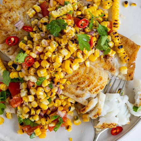 Fish Recipes Pan Seared, Pan Seared Fish, Charred Corn Salad, Sour Cream Potato Salad, Sour Cream Potatoes, Seared Fish, Charred Corn, Steak Side Dishes, Sauteed Greens