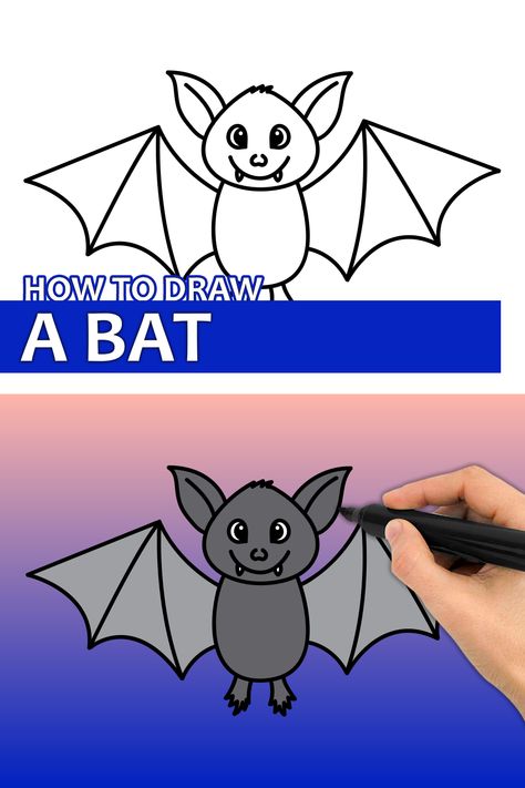 Learn how to draw a bat with this step by step drawing tutorial video. Enjoy! ♥ #bat #batdrawing #animaldrawing #easydrawingforkids Drawing A Bat, How To Draw Fruit, Bird Drawing Easy, Draw Fruit, Snow White Drawing, Bat Clip Art, Draw A Bat, Bat Drawing, Bats For Kids