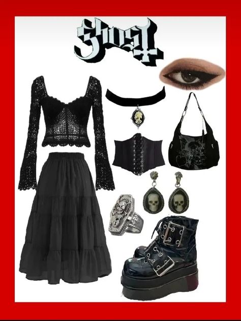 Metal Concert Outfit, Rock Band Outfits, Rockstar Aesthetic Outfits, Ghost Concert, 80’s Outfits, Ghost Outfit, Rockstar Girlfriend Aesthetic, Concert Outfit Rock, Metal Concert