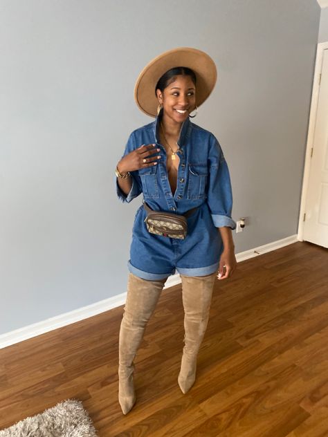 Romper Thigh High Boots Outfit, Demin Boots Outfit, Jean Shorts And Thigh High Boots Outfit, Denim And Boots Outfit, Denim Romper With Boots, Thigh High Boots Outfit Summer, Denim Romper Outfit Black Women, Denim Romper Cowboy Boots, Romper With Boots