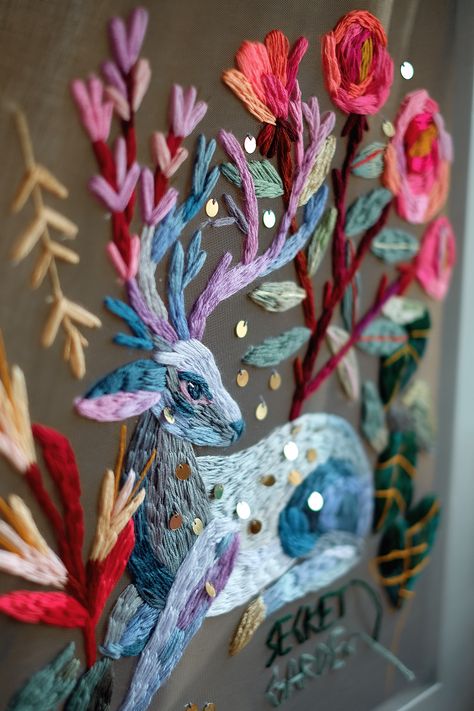 Secret Garden on Behance Embroidery Deer, Embroidery Illustration, Unique Sewing Patterns, Embroidery Artwork, Garden Embroidery, Trendy Sewing Patterns, Textile Art Embroidery, Contemporary Embroidery, Sewing Design