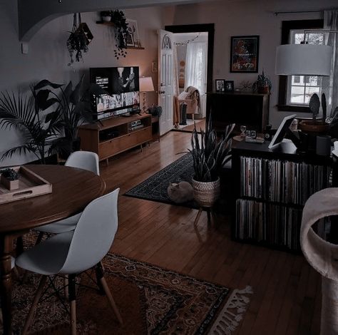 Cute Dark Living Room Ideas, Dark Aethstetic Apartment, Darker Apartment Decor, Dark Cozy Minimalist Home, Rustic Style Home Decor, Dark Studio Apartment Aesthetic, Edgy House Aesthetic, Dark Academia Apartment Aesthetic Living Room, Black Boho Apartment