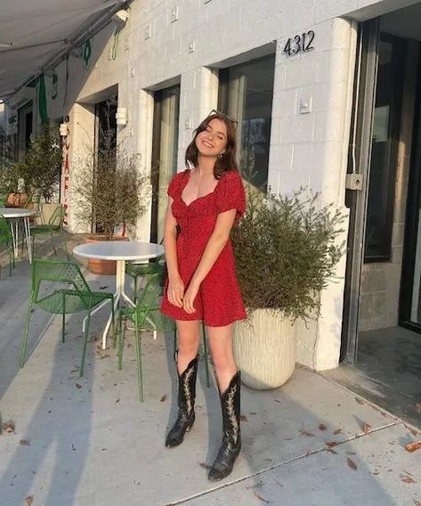 Cowboy Boots Dress Outfit, Cowboy Boots And Dress, Florence Outfits, Concert Photoshoot, Dresses To Wear With Cowboy Boots, Dress And Cowboy Boots Outfit, Eras Outfit Ideas, Boots And Dress, Western Dress With Boots