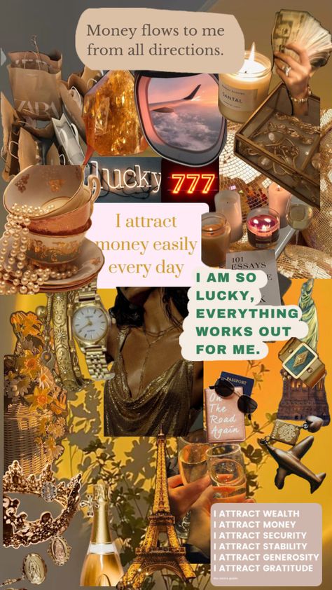 2024 Vision Board #travel #gold #luck #money #manifest Money Flows To Me, Vision Board Travel, Money Manifest, 2024 Vision Board, 2024 Vision, Vision Board, Money, Collage, Travel